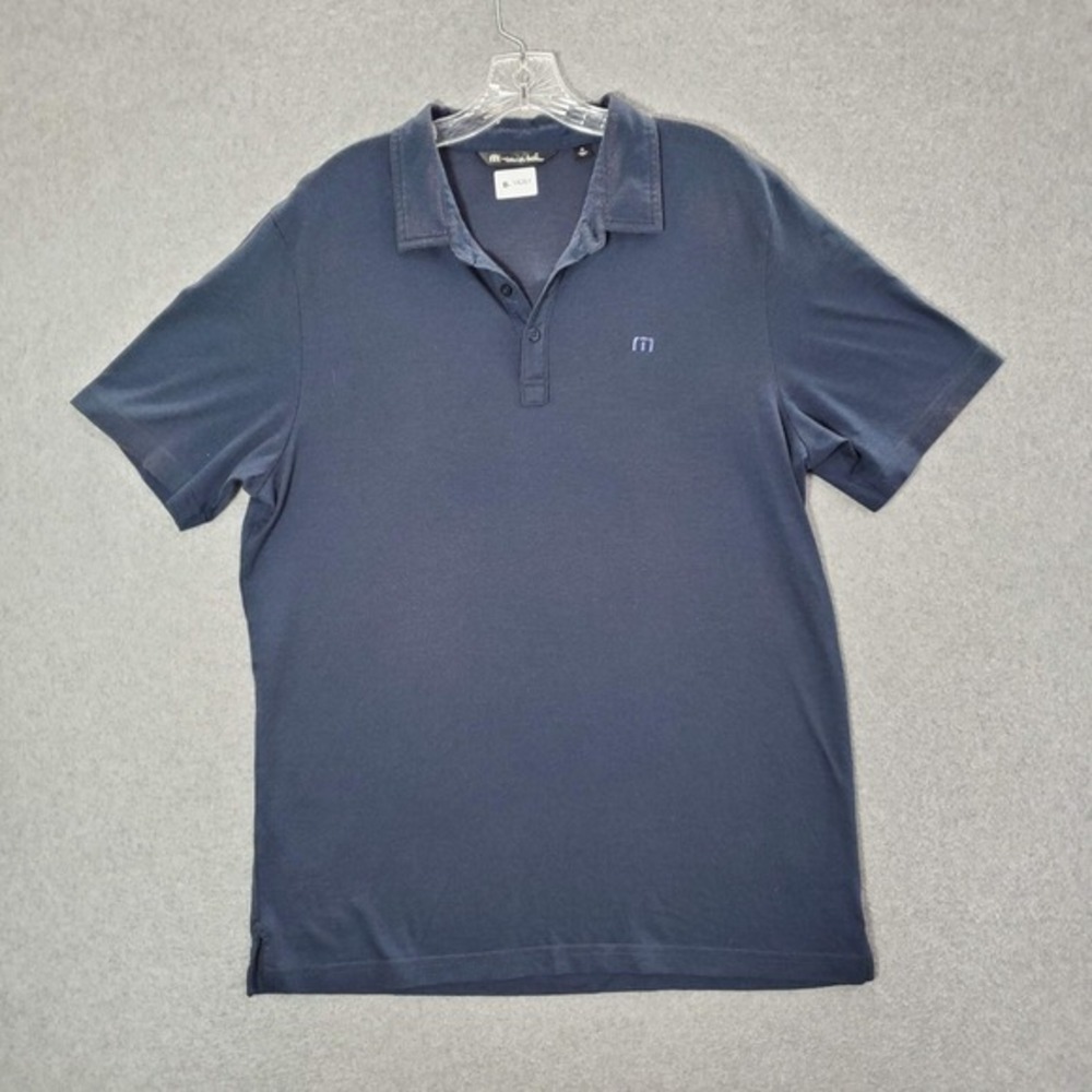 Travis Mathew Men Polo Shirt XL Blue Pima Cotton Blend Logo Short Sleeve Collar